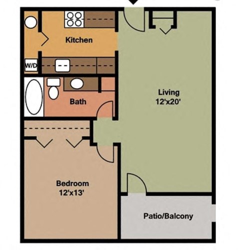 Floor plan for 1 bed, 1 bath, 620 sqft